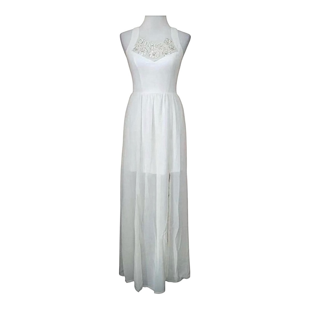 Cream Chiffon Maxi Dress Flowy Beaded Gold Embroidery Modcloth Marineblu Small